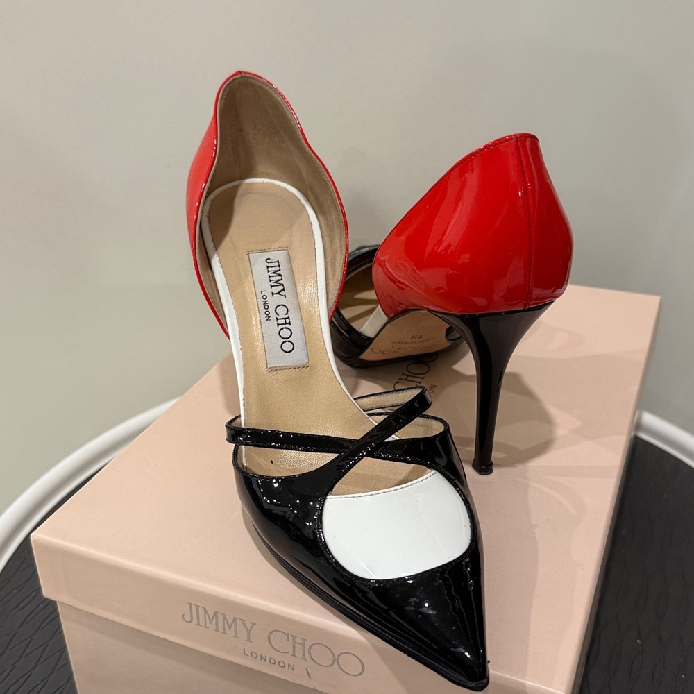 Rare to find Jimmy Choo Black, Red,& White Patent Leather Pumps, Sz 38 - Picture 4 of 8